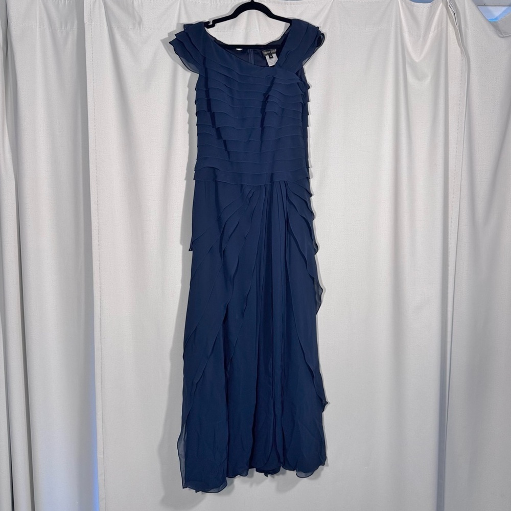 Tadashi Shoji Dark Blue Ruffled Layered Chiffon Gown